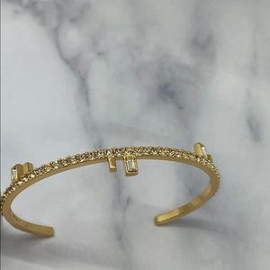 Auth FENDI F Gold Tone Rhinestone Bangle Cuff